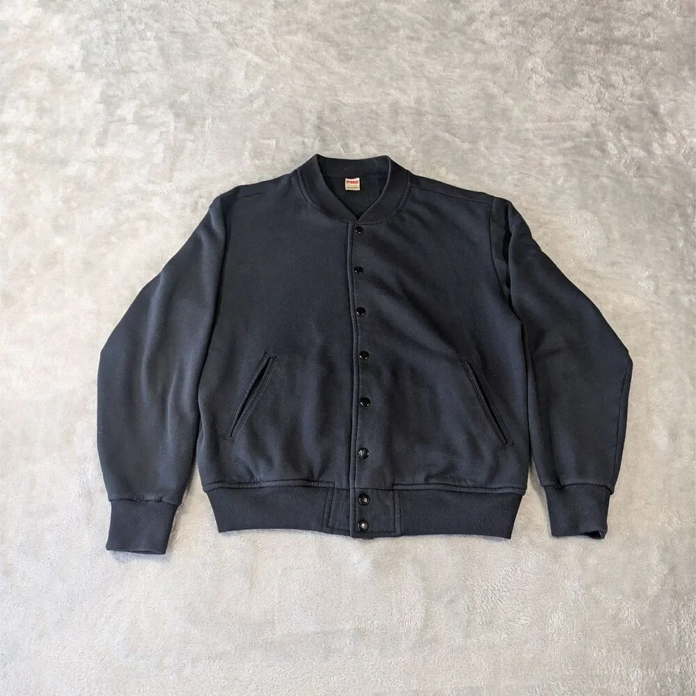 American Apparel F499 Varsity Jacket Mens Medium Black Fleece Snap Jacket USA